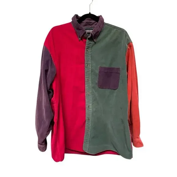 Vtg Lands’ End Colorblock Corduroy Shirt Men’s XL Tall Wide Wale Single Pocket - Picture 1 of 15